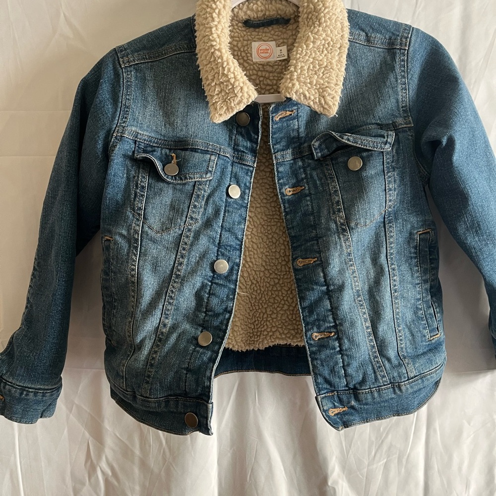 wonder nation Blue Denim Sherpa-Lined Kids Jacket with Cream Collar